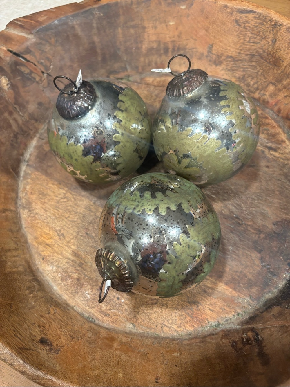 Oversized 5” Antiqued Mercury Glass Christmas Ornament Olive Leaves